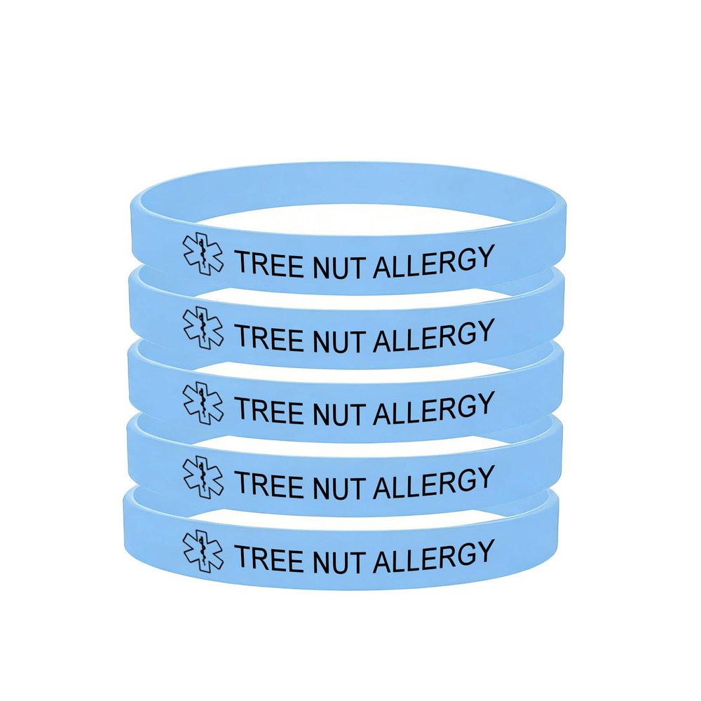 5 Pack-Tree Nut Allergy Medical Alert Silicone Bracelet 8mm Silicone Rubber Emergency Waterproof Sport Thin Wristband,7.5",Light Blue
