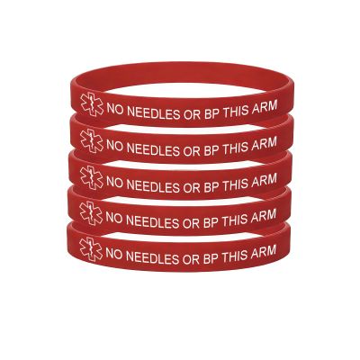 5 Pack-No Needles or Bp This Arm Medical Alert Silicone Bracelet 8mm Silicone Rubber Emergency Waterproof Sport Thin Wristband,7.5",Red