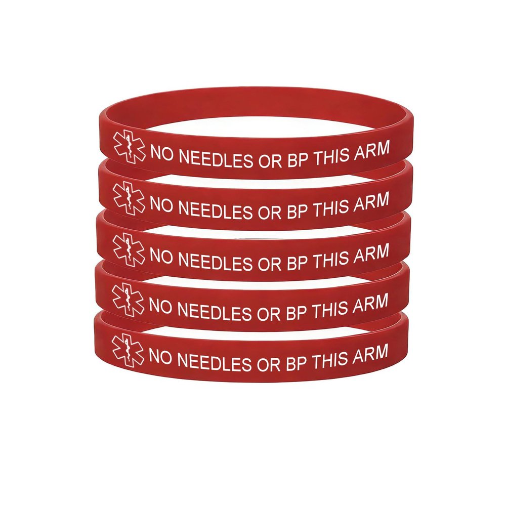 5 Pack-No Needles or Bp This Arm Medical Alert Silicone Bracelet 8mm Silicone Rubber Emergency Waterproof Sport Thin Wristband,7.5",Red