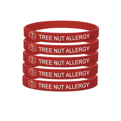 5 Pack-Tree Nut Allergy Medical Alert Silicone Bracelet 8mm Silicone Rubber Emergency Waterproof Sport Thin Wristband,7.5",Red
