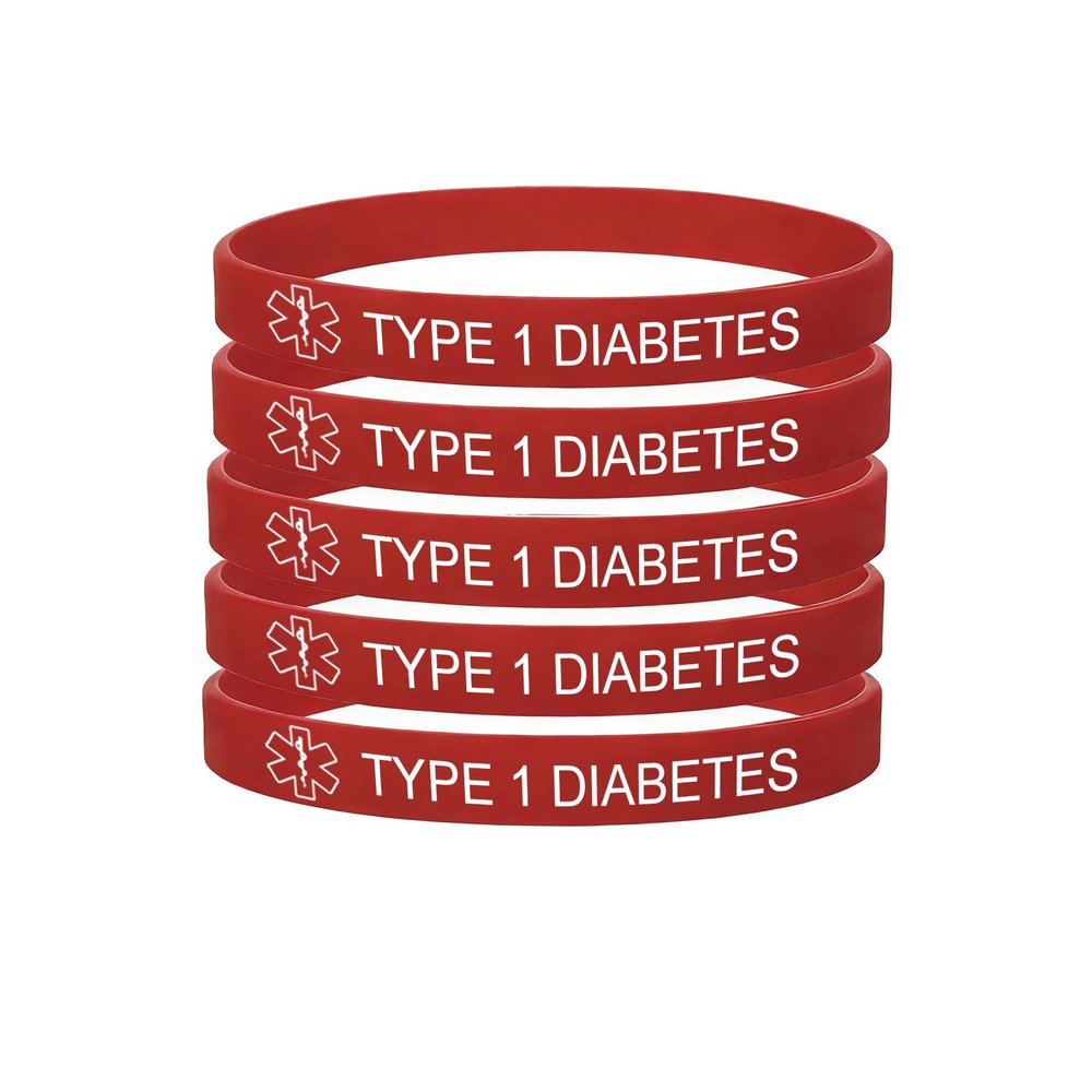 5 Pack-Type 1 Diabetes Medical Alert Silicone Bracelet 8mm Silicone Rubber Emergency Waterproof Sport Thin Wristband,7.5",Red