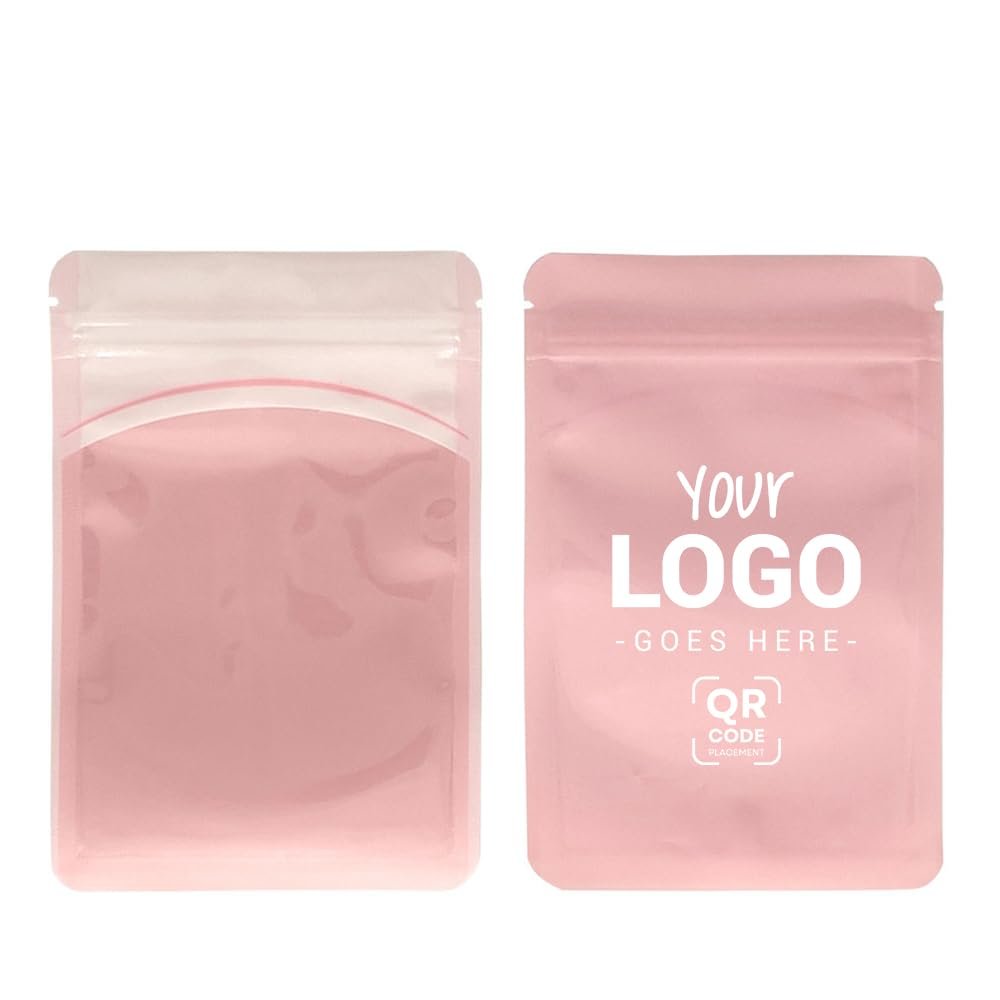 100PCS Custom Logo Packaging Bag with Clear Windows,Resealable Mylar Bag Sample Pouch for Small Business,One Color Logo Printing (Pink, 12 * 21CM/4.7"*8.3"-100PCS-One Color One Side Print)