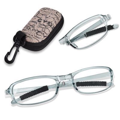 OPTOFENDY Folding Reading Glasses for Women Men, Lightweight Compact Anti-slip Readers, Portable Blue Light Glasses with Zipper Case, Grey 1.75