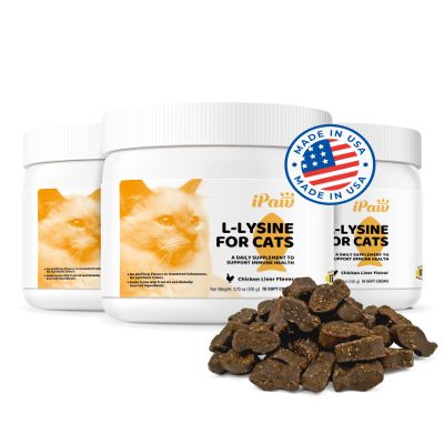 iPaw L-Lysine Chews for Cats, Daily Immune and Respiratory Support for Cats, Lysine Treats Supplement, Made in USA, Chicken Liver Flavor (70 Chews/Pack), 3 Packs