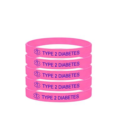 5 Pack-Type 2 Diabetes Medical Alert Silicone Bracelet 8mm Silicone Rubber Emergency Waterproof Sport Thin Wristband,7.5",Rose Pink