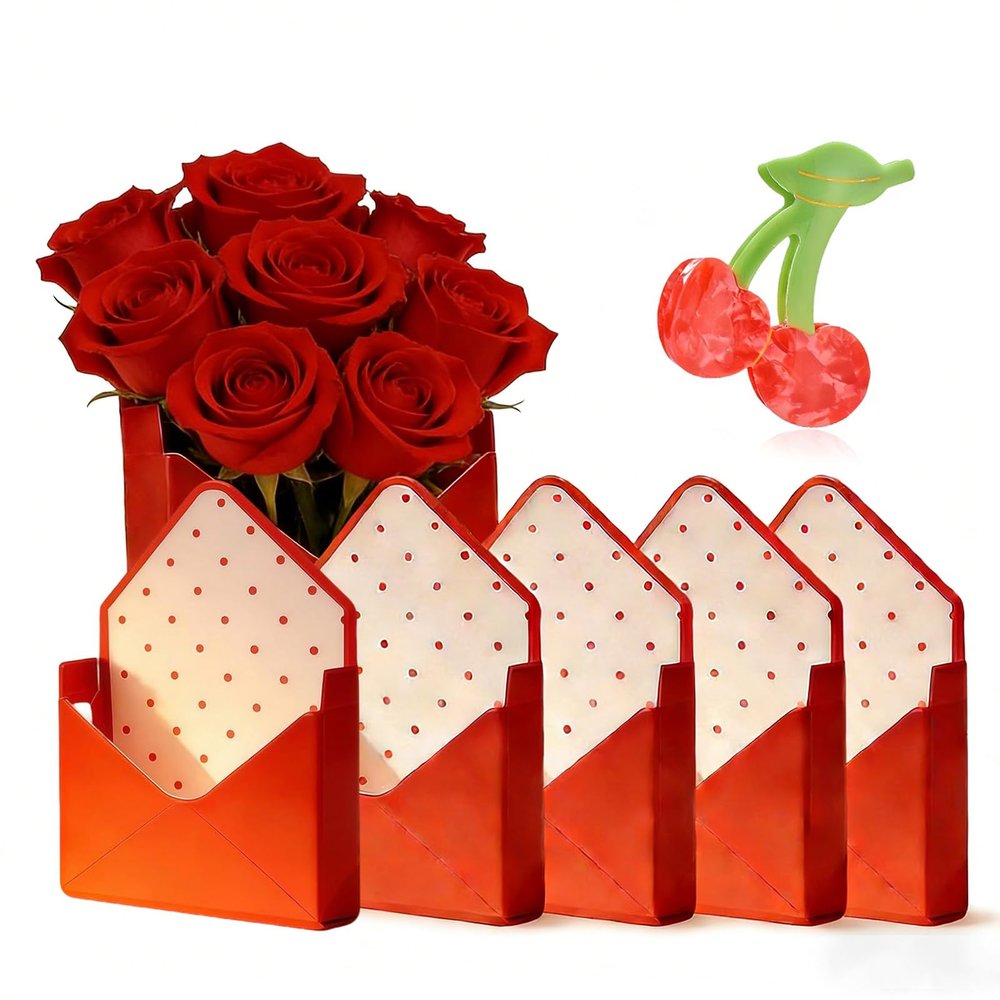 5 Pcs Valentine Flower Envelope Box, 2026 New Valentines Day Red Envelope Gift Box, Hand Folding Wrapping Paper for Wedding Engagement Valentines Day Birthday Graduation Party Decoration (Red)