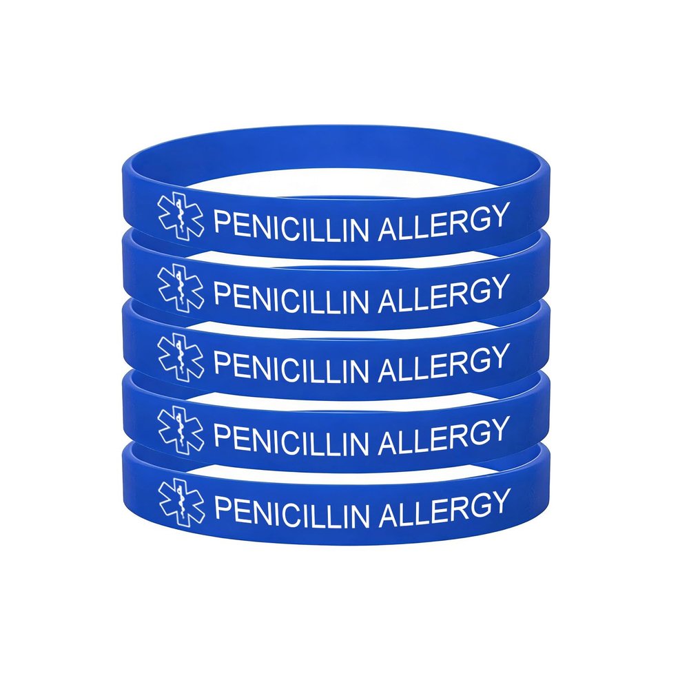 5 Pack-Penicillin Allergy Medical Alert Silicone Bracelet 8mm Silicone Rubber Emergency Waterproof Sport Thin Wristband,7.5",Blue