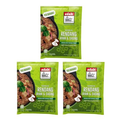 Adabi Serbuk Rendang Ayam & Daging Malaysian Rendang Spice Powder for Chicken & Beef 24g per Sachet Pack of 3