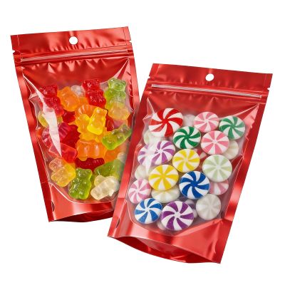 100pcs 4.7"x7.8" Mylar Bags for Food Storage,Smell Proof Bag with Window ResealableStand-up Foil Pouch Packaging Freeze Dried Candy Bag Food Storage Bags for Small Business (Red)