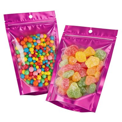 100pcs 4.7"x7.8" Mylar Bags for Food Storage,Smell Proof Bag with Window ResealableStand-up Foil Pouch Packaging Freeze Dried Candy Bag Food Storage Bags for Small Business (Purple)