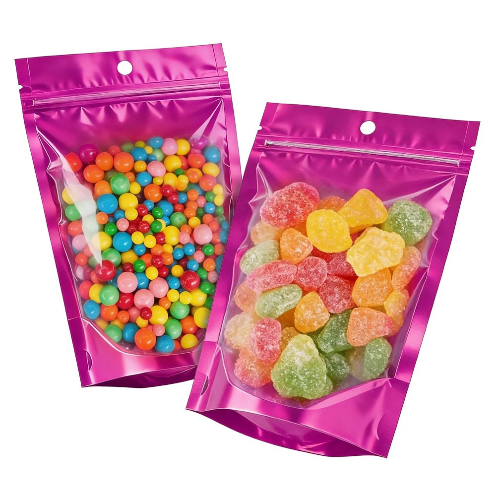 100pcs 4.7"x7.8" Mylar Bags for Food Storage,Smell Proof Bag with Window ResealableStand-up Foil Pouch Packaging Freeze Dried Candy Bag Food Storage Bags for Small Business (Purple)