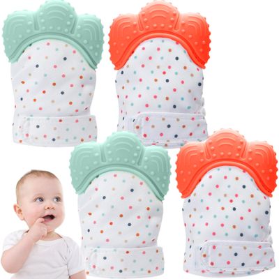 2 Pairs Teething Mittens, Adjustable Food Grade Silicone Baby Teething Mitten Built-in Phonic Membranc, Sensory Stimulating Glove for 3-6 Months Baby