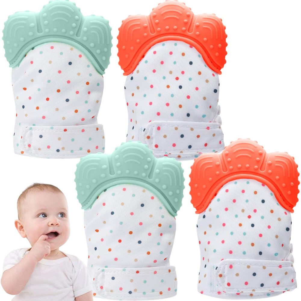 2 Pairs Teething Mittens, Adjustable Food Grade Silicone Baby Teething Mitten Built-in Phonic Membranc, Sensory Stimulating Glove for 3-6 Months Baby