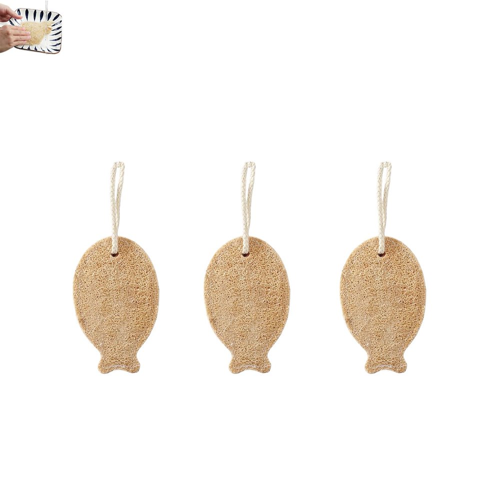 PLAYTHROUGH Natural Loofah Sponge 3 Pcs, Luffa Sponge for Dishwashing Cleaning and Shower Exfoliating (Fish)