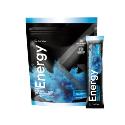 CorVive Energy | Natural Energy & Focus Supplement | with Carnosyn, Ashwagandha, L-Arginine, Theobromine | Zero Sugar, 5 Calories, 120mg Caffeine | 15 Stick Packs for Mental & Physical Boost | Blue Razz