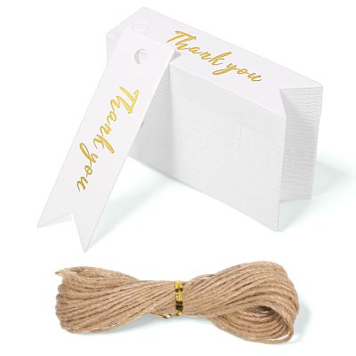 100 Pcs Mini Thank You Gift Tags, White Paper Tags with Gold Stamp with String, 2.7 x 0.78 Inch Exquisite Paper Gift Tag with Holes for Party Favors Gifts Craft Wedding Business
