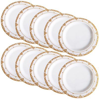 MUCKLILY 10pcs White Plastic Plates with Gold Decorative Rim 7.5 Inch Disposable Dinner Plates for Party Cake Serving Elegant Food Holders for Wedding and Events