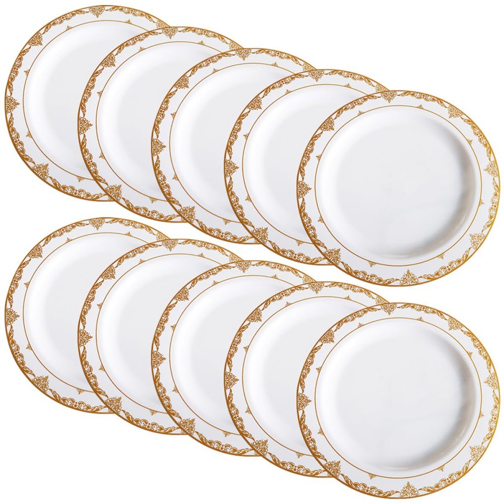 MUCKLILY 10pcs White Plastic Plates with Gold Decorative Rim 7.5 Inch Disposable Dinner Plates for Party Cake Serving Elegant Food Holders for Wedding and Events
