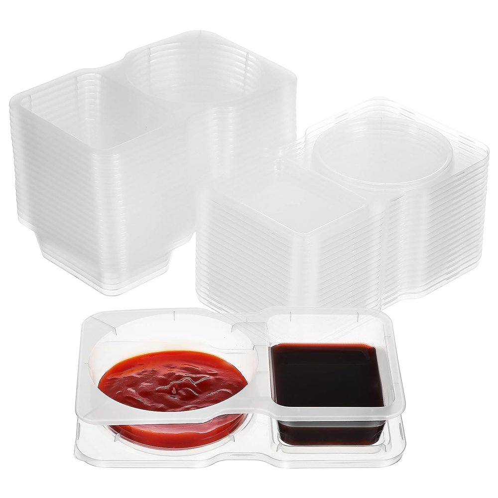 BEBEMOKO 20 Pcs Double Compartment Disposable Plastic Condiment Containers with Lids, Portion Cups for Sauce, Salad Dressing, and Seasoning, Food Prep Containers for Takeout and Meal Prep
