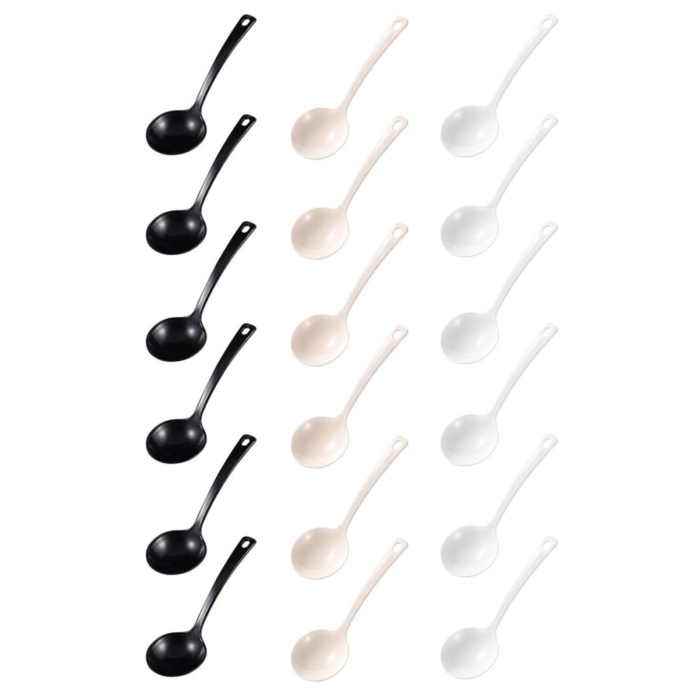 CTIRCHIU 18pcs Disposable Large Soup Spoons Set, Plastic Household Tableware for Hot Pot, Porridge, and Takeout, Black White Beige, Home Dining Flatware for Family Use