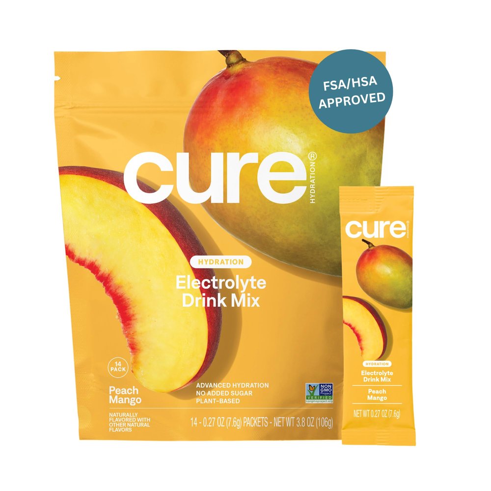 Cure Hydration | Plant-Based Electrolyte Drink Mix | No Added Sugar | Dehydration Relief Powder Made with Coconut Water | Non-GMO | Vegan | Pouch of 14 Packets - Peach Mango