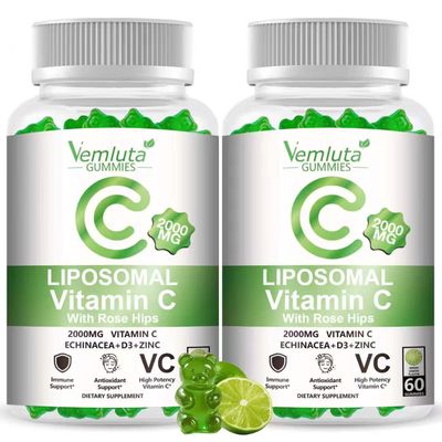 Vemluta 2 Pack Liposomal Vitamin C 2000mg Gummies Complex Rose Hips with D3 5000IU,Elderberry Echinacea,Iron & Zinc for Adults Kids Immune,Antioxidant & Collagen Support,Lemon Flavor, 120Count