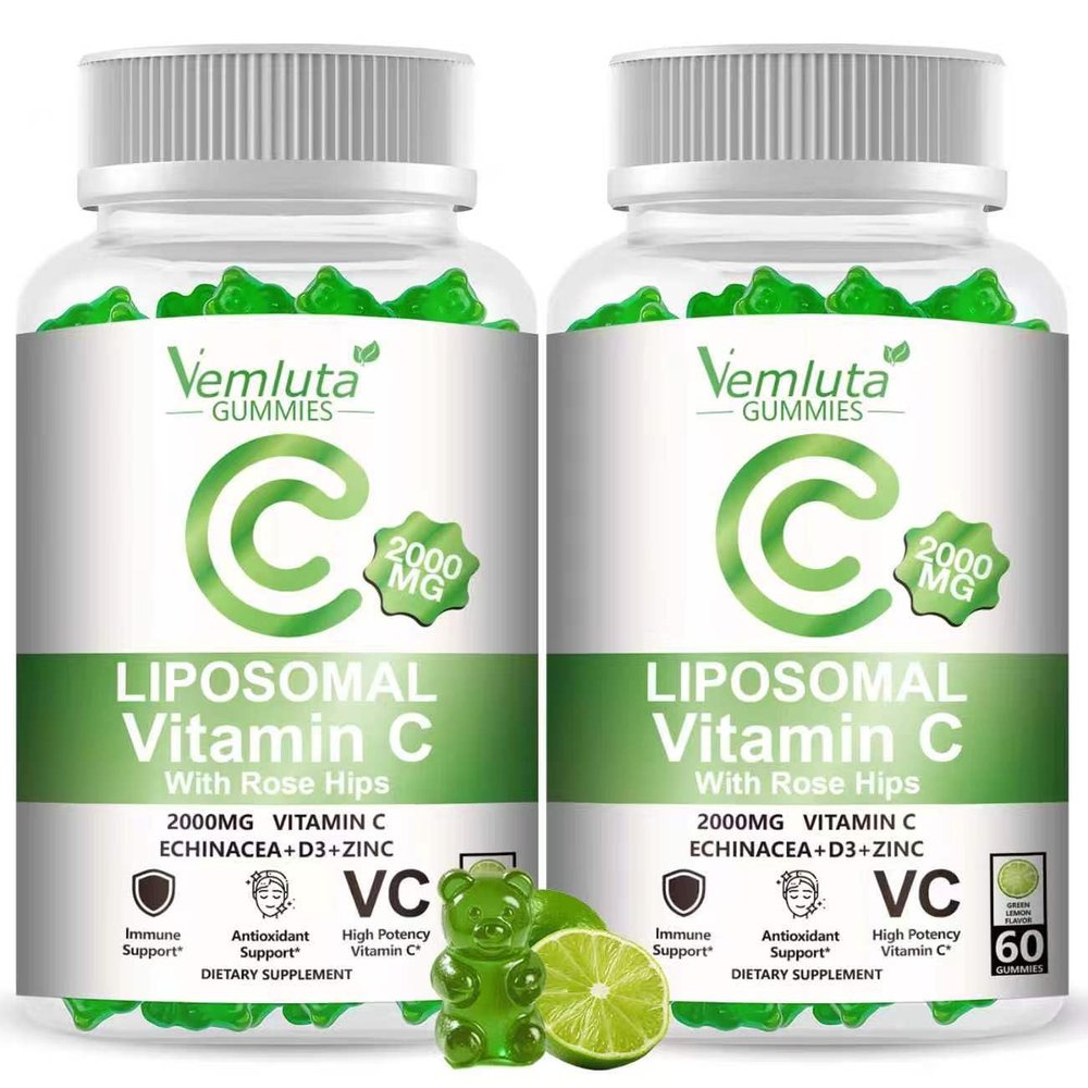 Vemluta 2 Pack Liposomal Vitamin C 2000mg Gummies Complex Rose Hips with D3 5000IU,Elderberry Echinacea,Iron & Zinc for Adults Kids Immune,Antioxidant & Collagen Support,Lemon Flavor, 120Count