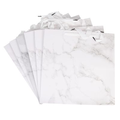 SHOWERORO 6pcs White Marble Pattern Paper Bags with Handles 30x30x30cm Square Multipurpose Flower Wrapping and Birthday Cake Carrying Bags for Party Favors and Candy Packaging