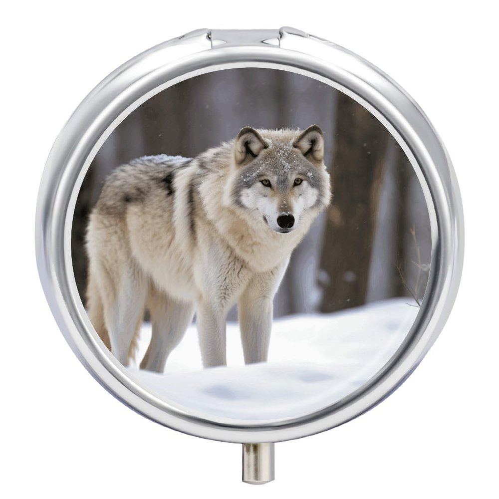 Wolf in The Snow Pill Box 3 Compartment Small Pill Case Travel Round Pill Box Portable for Pocket Or Purse Pill Organizer Pill Container Holder to Hold Vitamins