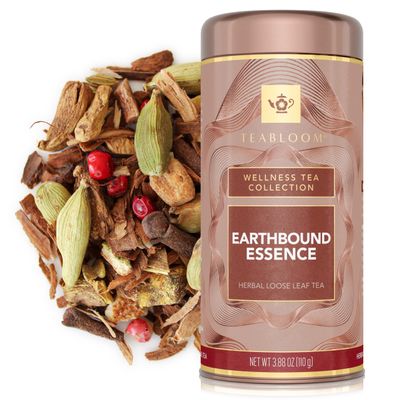 Teabloom Earthbound Essence Loose Leaf Herbal Tea with Orange, Ginger & Chai Spices | Warm Cinnamon & Citrus Blend | Canister Makes 3550 Cups | Gift-Ready Reusable Tin