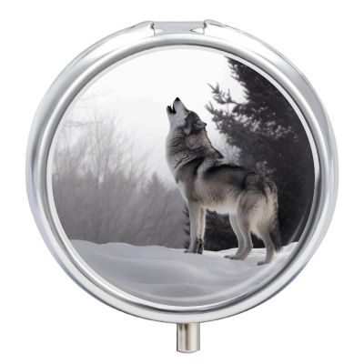 Howling Wolf Pill Box 3 Compartment Small Pill Case Travel Round Pill Box Portable for Pocket Or Purse Pill Organizer Pill Container Holder to Hold Vitamins