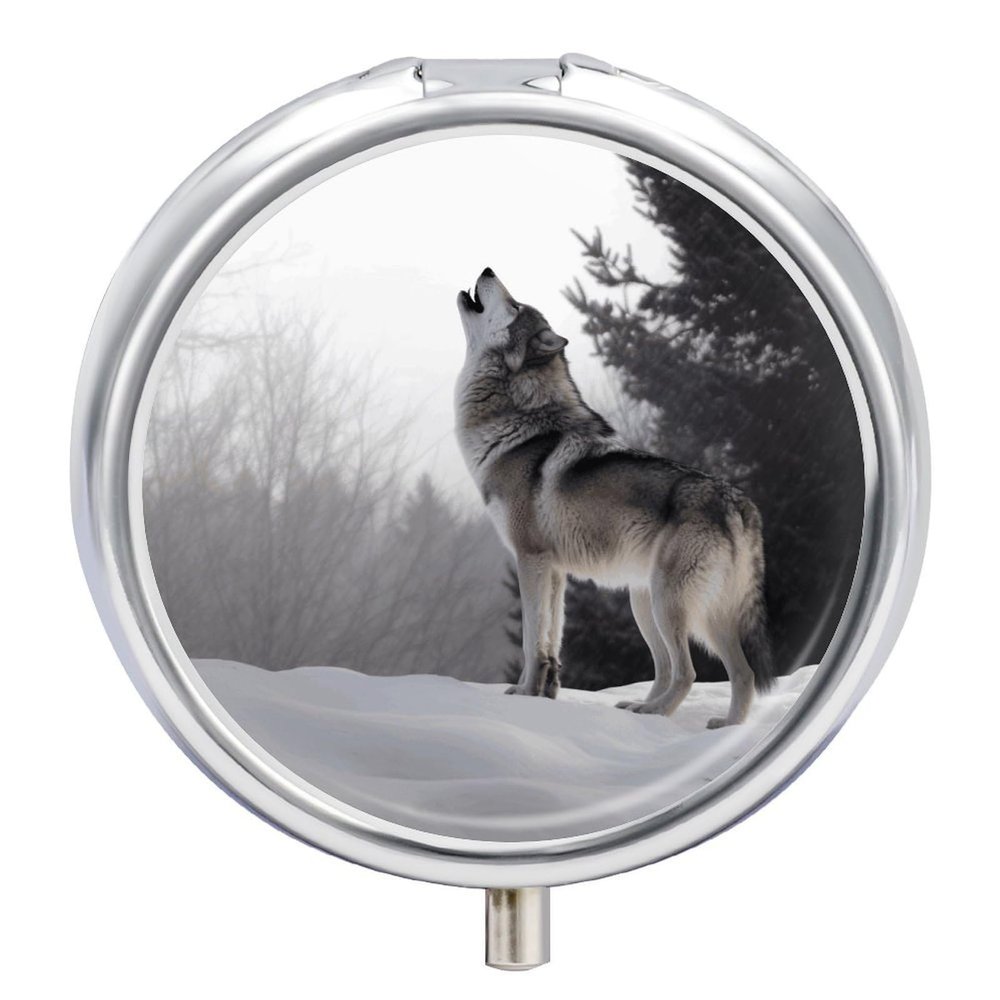 Howling Wolf Pill Box 3 Compartment Small Pill Case Travel Round Pill Box Portable for Pocket Or Purse Pill Organizer Pill Container Holder to Hold Vitamins