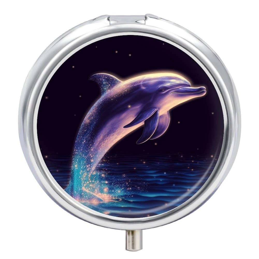 Glitter Dolphin Pill Box 3 Compartment Small Pill Case Travel Round Pill Box Portable for Pocket Or Purse Pill Organizer Pill Container Holder to Hold Vitamins