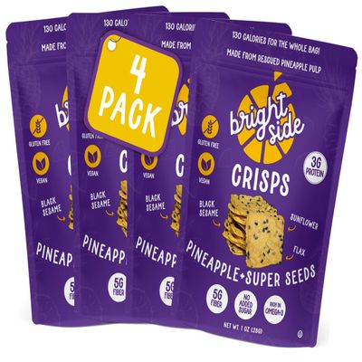 Bright Side Crisps - Pineapple + Super Seeds - ONLY FOUR INGREDIENTS: 100% Upcycled Pineapple and Kale Pulp, High Fiber, No Sugar Added, Vegan, Gluten-Free, 100 Calories, Healthy All-Natural Chip and Cracker Alternative (4-Pack, 1 oz Pouch)