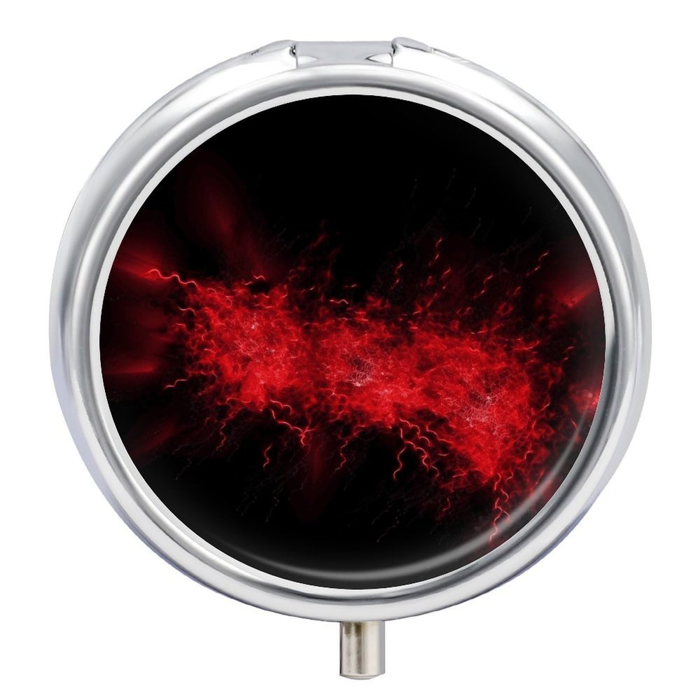 Explosion Burst Red Black Pill Box 3 Compartment Small Pill Case Travel Round Pill Box Portable for Pocket Or Purse Pill Organizer Pill Container Holder to Hold Vitamins