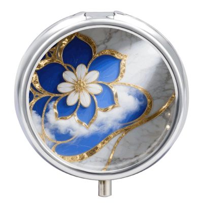 Bohemian Mandala Flower Turquoise Blue Gold Marble Colorful Houses Pill Box Round Weekly Pills Organizer with Mirror 3 Compartments Portable Pills Container Cute Pill Case for Medicine Vitamin Fish Oi