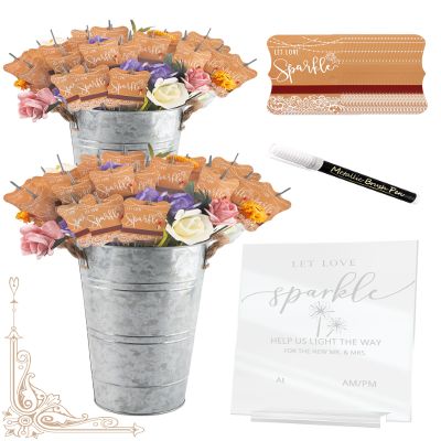 100+4 PCS Wedding Sparkle Tag & Holder Set, Let Love Sparkle Send-Off Card, Acrylic Sign & Marker Pen with 2 Galvanized Buckets, Table Decor for Anniversary Bridal Shower Exit