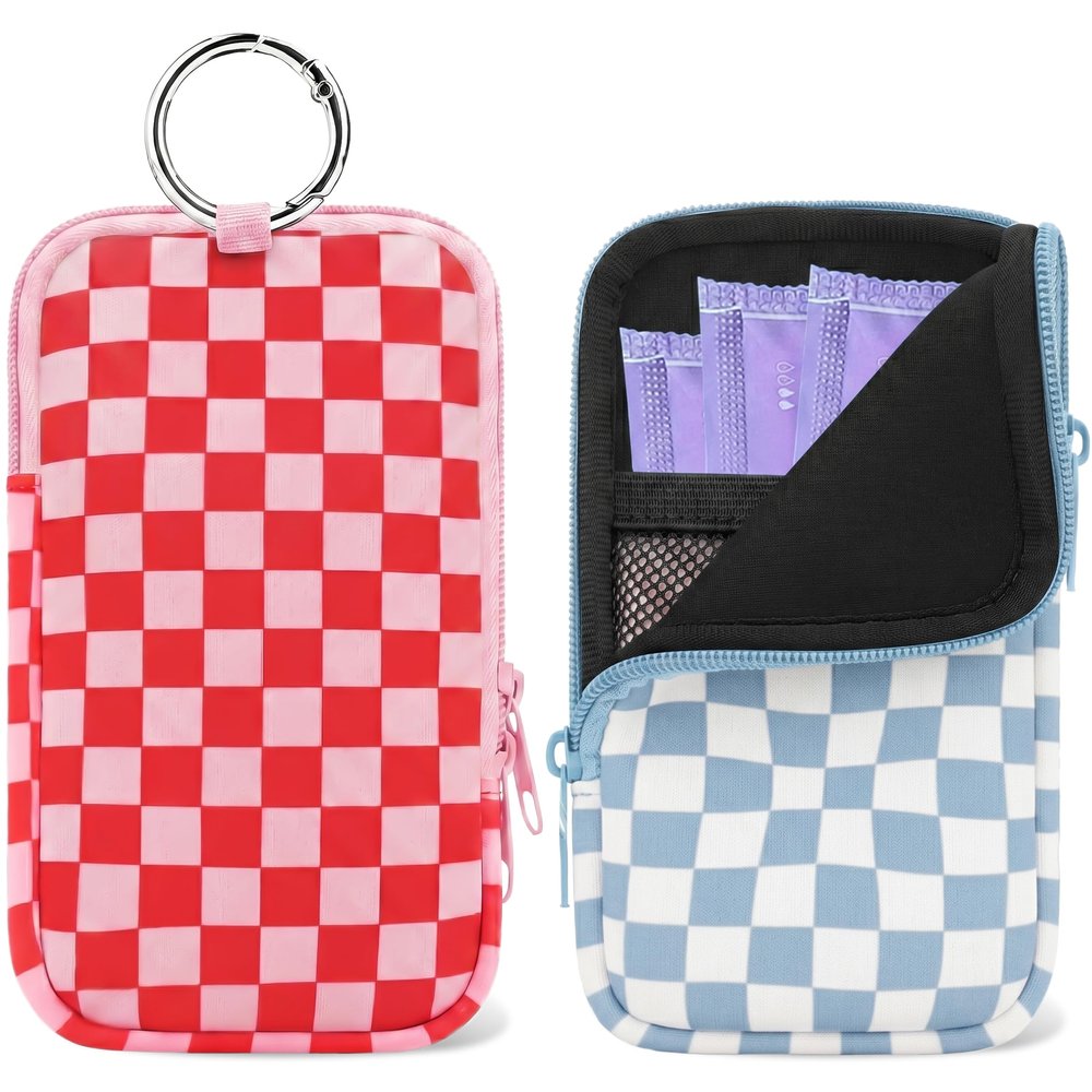 2 Pack Portable Tampon Holder Zippered Pouch with Snap Hook, Waterproof Travel-Friendly Discreet Period Bag, Feminine Products Organizer for Women Purse (Plaid)