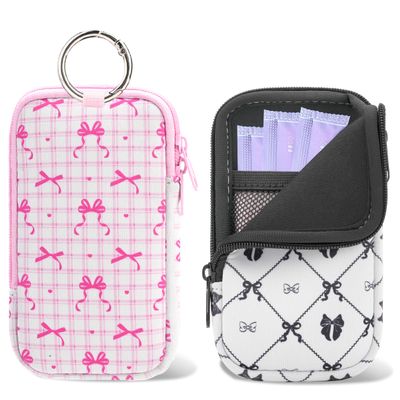 2 Pack Portable Tampon Holder Zippered Pouch with Snap Hook, Waterproof Travel-Friendly Discreet Period Bag, Feminine Products Organizer for Women Purse (Bow)