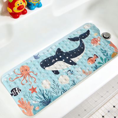 Kids Bathtub Mat, Non Slip Cartoon Bath Mat for Kids and Toddlers, Blue Whale Anti Slip Bathtub Safety Mat with Strong Suction Cups, Soft in-Tub Bath Mat for Children