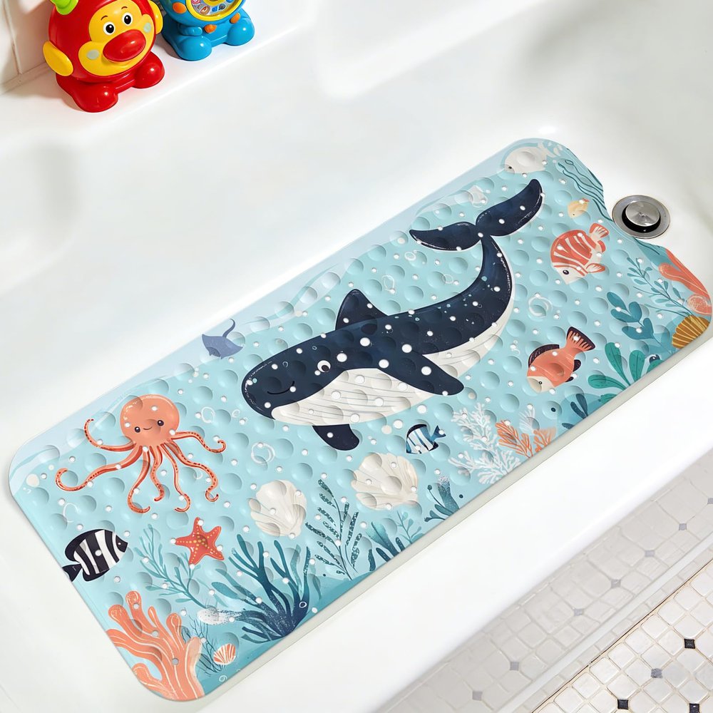 Kids Bathtub Mat, Non Slip Cartoon Bath Mat for Kids and Toddlers, Blue Whale Anti Slip Bathtub Safety Mat with Strong Suction Cups, Soft in-Tub Bath Mat for Children