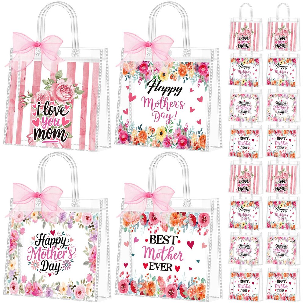 Shinylin 24 Pcs Mother's Day Clear Gift Bags with Handles Reusable PVC Ribbon Floral Happy Mother's Day Party Favor Bags Mother Clear Goodie Bag for Mom Grandmom Wife Party Storage
