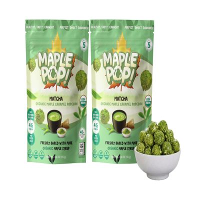 Maple Pop! Organic Maple Caramel Popcorn Low Sugar, High Fiber, Air Popped, Vegan & Gluten Free Made with Real Maple Syrup (Matcha, Pack of 2)