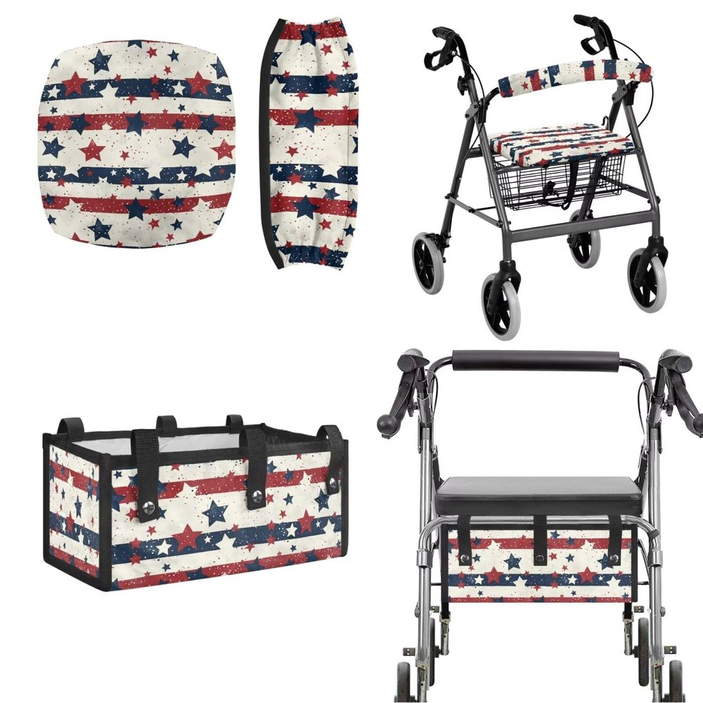 Yreiwoby Star Walker Seat Cover Rollator Seat and Back Rest Covers Easy to Use Stripe Rollator Storage Under Seat Bag Folding Walker Pouch for Seniors Detachable (3 Pieces)