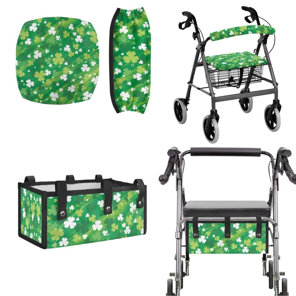 Yreiwoby Universal Rollator Walker Seat and Backrest Covers with Basket 3Pcs Set St. Patrick's Day Walker Bag for Seniors Washable Accessories Decorations