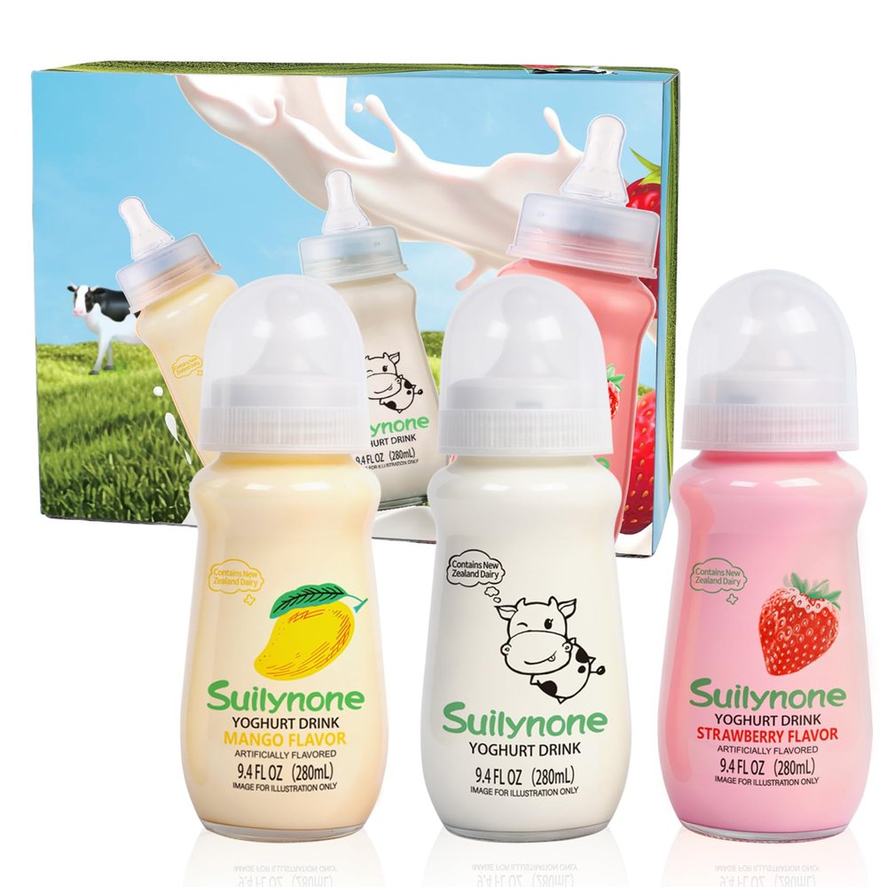 280ml Yogurt Drink Reusable Glass Bottle, 3-Pack Mixed Flavors Drinkable Yogurt - Fun Gift Box, Birthday & Holiday Present.