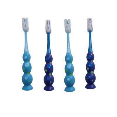 Kids Toothbrush 4 Pack - Soft Bristles with Suction Cup - Toothbrush Kids, Child Sized Brush Heads, 3-10 Year Old Kid Toothbrush with Easy Storage - Toddler, Girl and Boy Set (2 blue colors)
