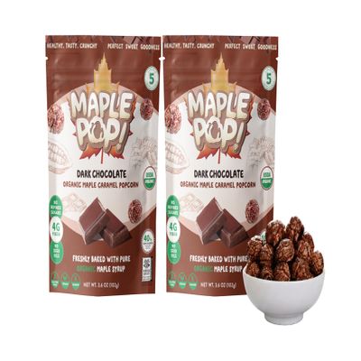 Maple Pop! Organic Maple Caramel Popcorn Low Sugar, High Fiber, Air Popped, Vegan & Gluten Free Made with Real Maple Syrup (Dark Chocolate, Pack of 2)