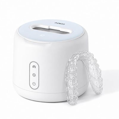 AOLVI Ultrasonic Retainer Cleaner Machine, IPX6 Waterproof Denture Cleaner, 3 Modes Dental Cleaning Pod with RGB Indicator, 45kHz Mouth Guard Cleaner with UV Light, 200ML Tank, White