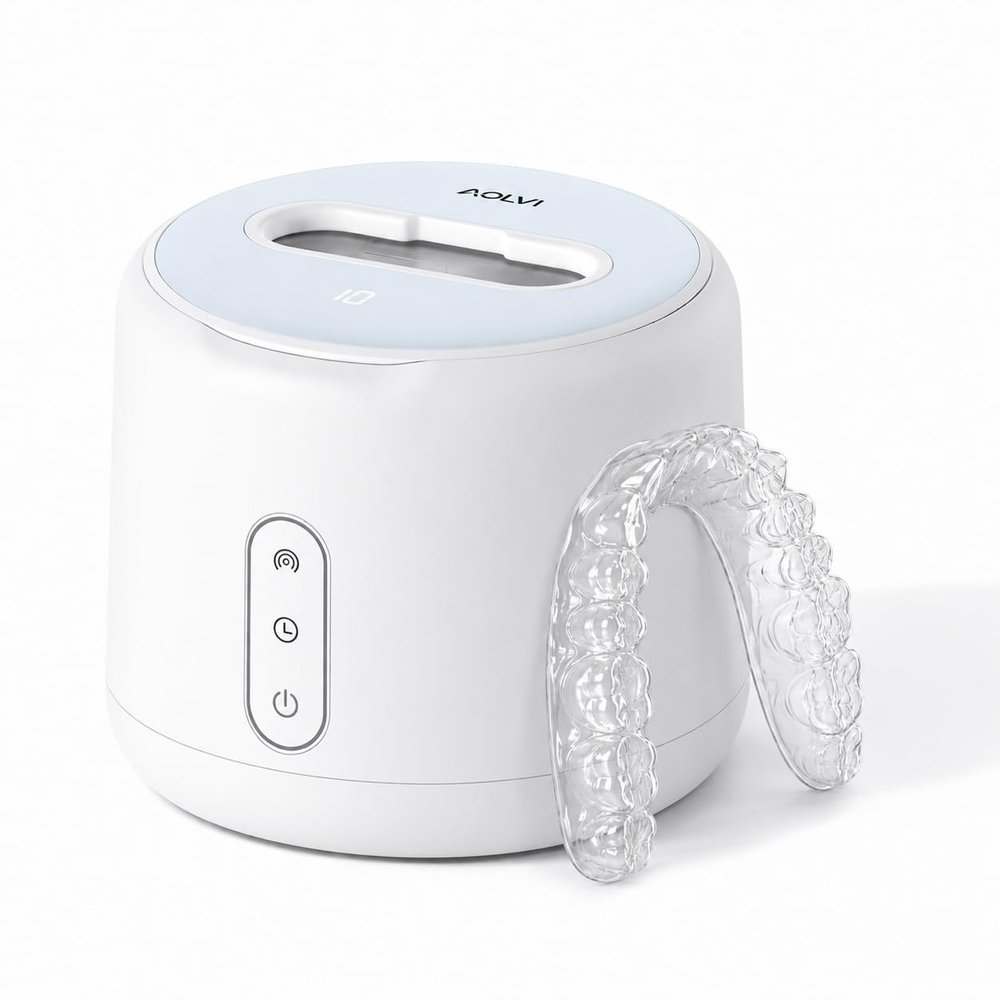 AOLVI Ultrasonic Retainer Cleaner Machine, IPX6 Waterproof Denture Cleaner, 3 Modes Dental Cleaning Pod with RGB Indicator, 45kHz Mouth Guard Cleaner with UV Light, 200ML Tank, White